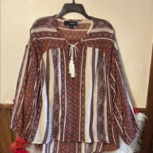 Denim 24/7 Brown and White Tie Front 3/4 Sleeve Tunic